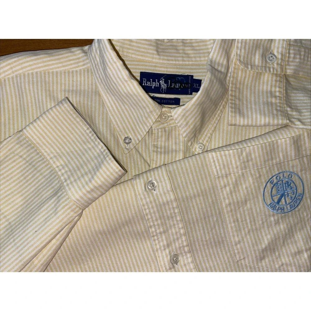 Polo Ralph Lauren‎ Shirt Men XL Yellow Stripes Half Button Down Pullover Vintage